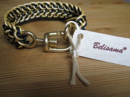 Echt Lederhalsband schwarz+gold mit bronzefarbenen  Brummelhaken, Achterknoten